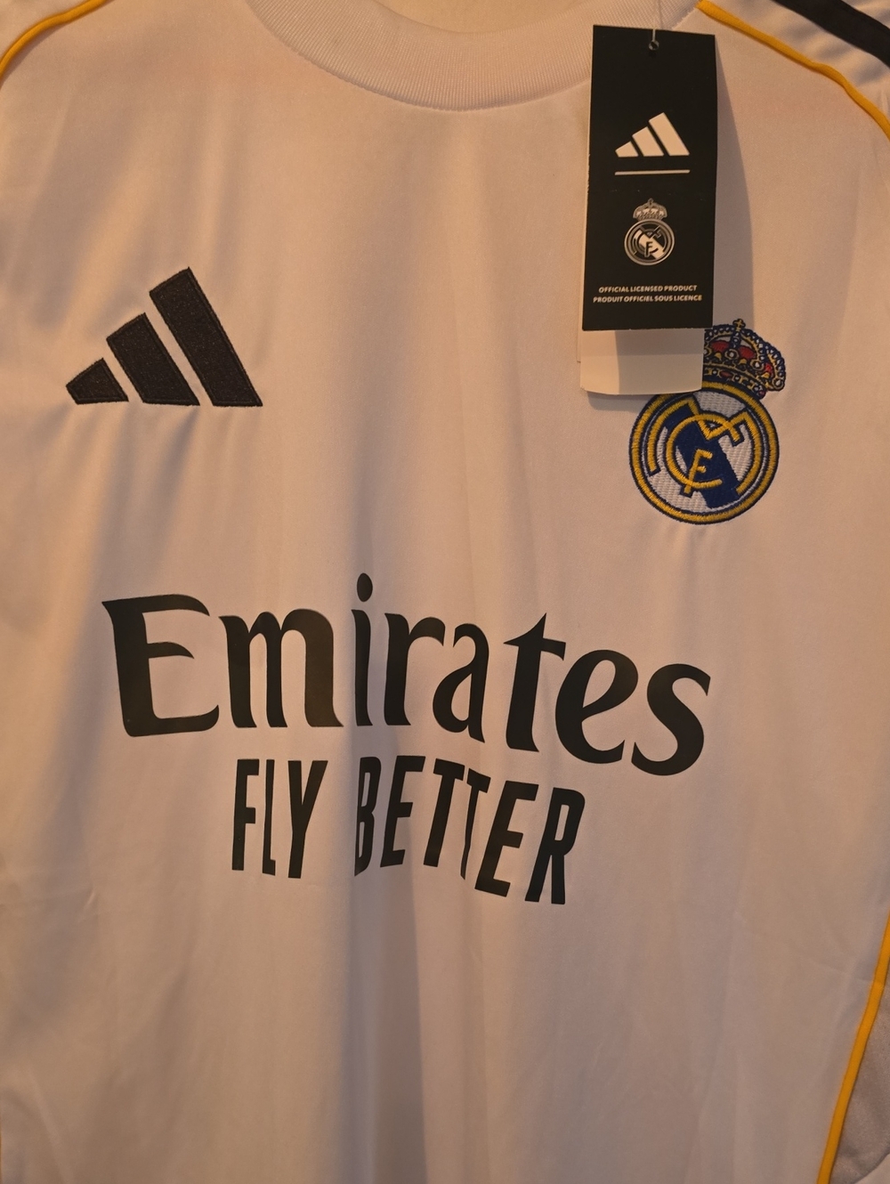 Adidas Real Madrid White & Gold Soccer Jersey - Emirates Fly Better Bellingham - Picture 2 of 7